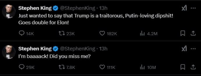 Stephen King visszatért az X-re csak azért, hogy beszóljon Trumpnak és Musknak