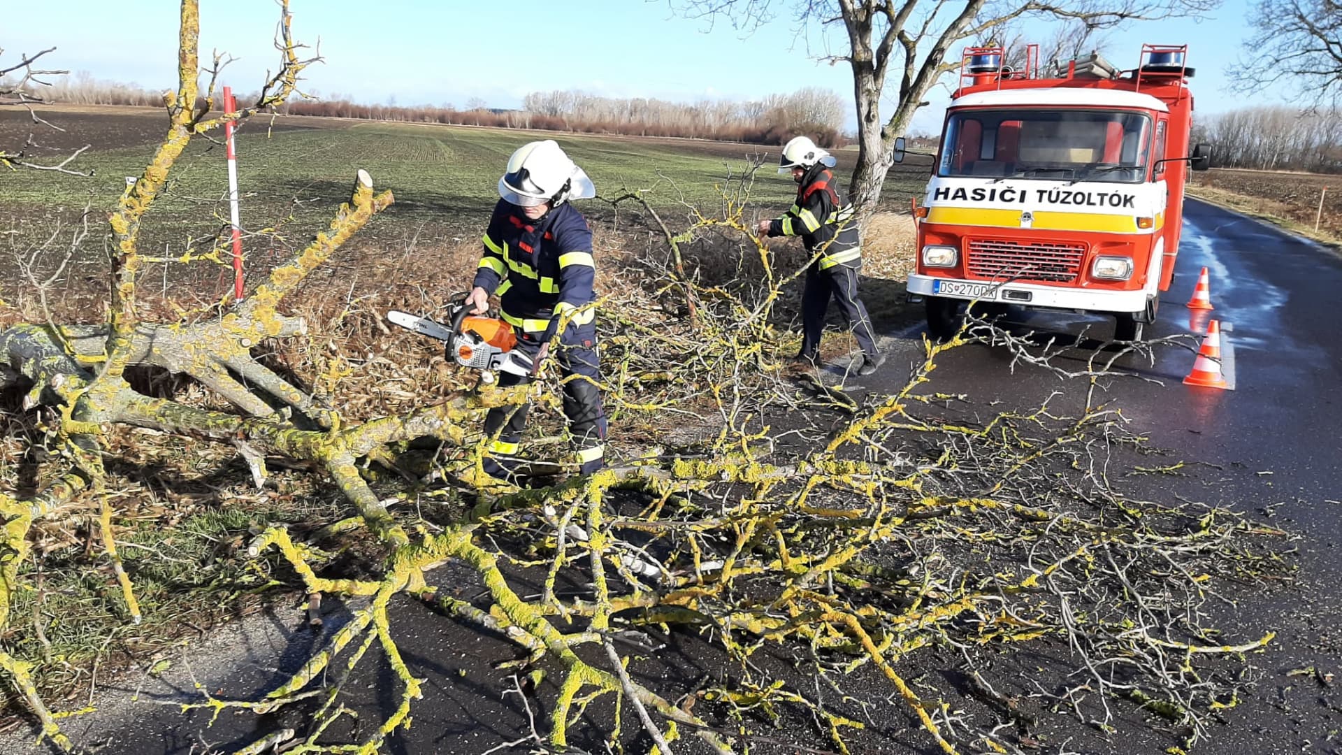 Egész nap talpon a hivatásos és az önkéntes tűzoltók – Dunaszerdahelytől Somorjáig kidőlt fákat, leszakadt faágakat távolítottak el