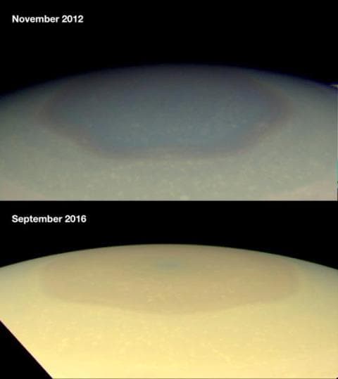 Aranyszínűvé változott a Szaturnusz északi sarkvidékének hatszögű légköri képződménye